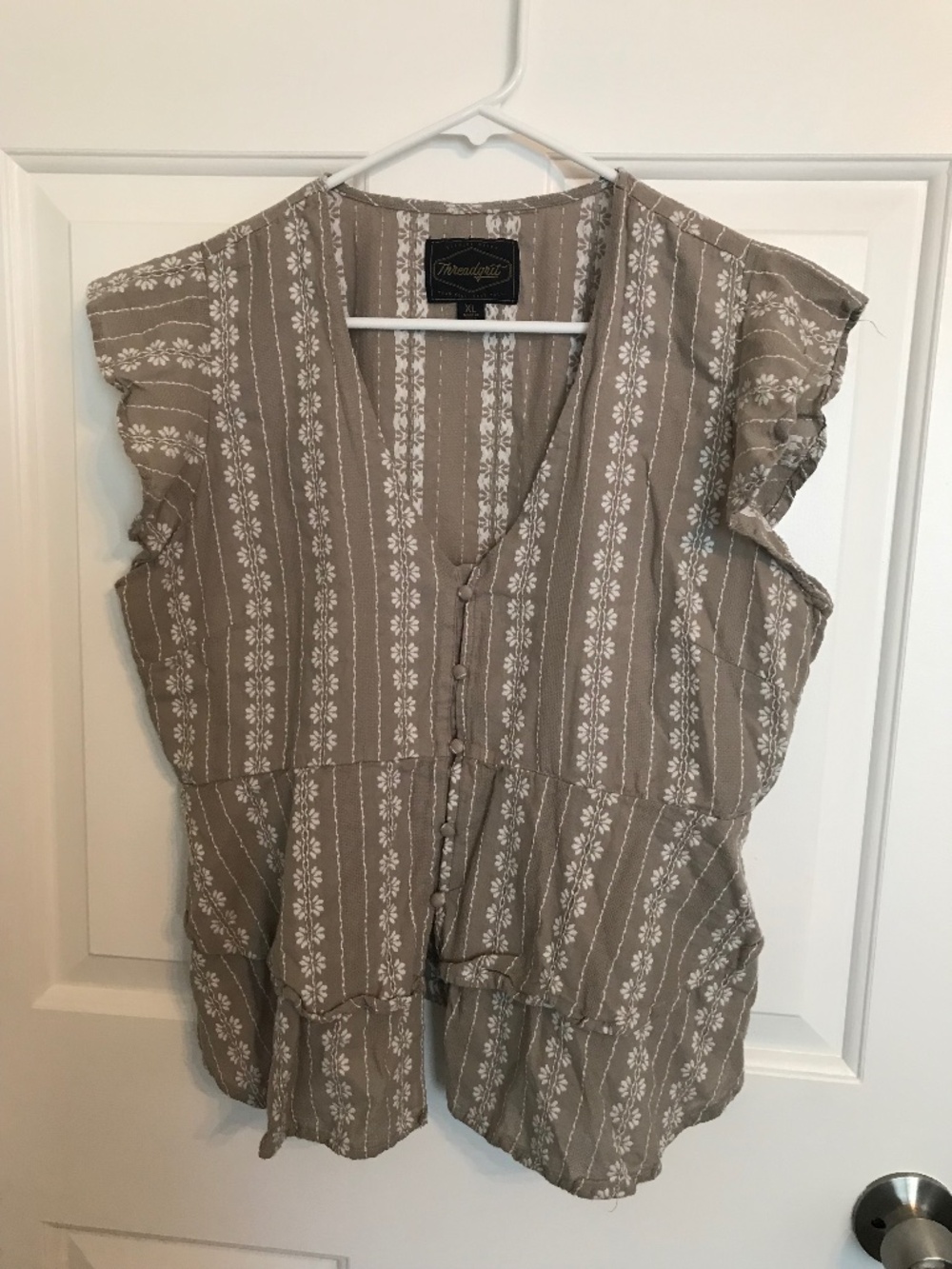 Threadgrit Western Cowgirl Festival Flutter Sleeve Peplum Cotton Top XL Beige